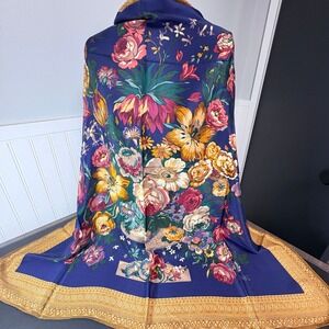 Club 7 Echo Silk Scarf Floral Blue Gold Border Square Wrap Made in Japan 34x34